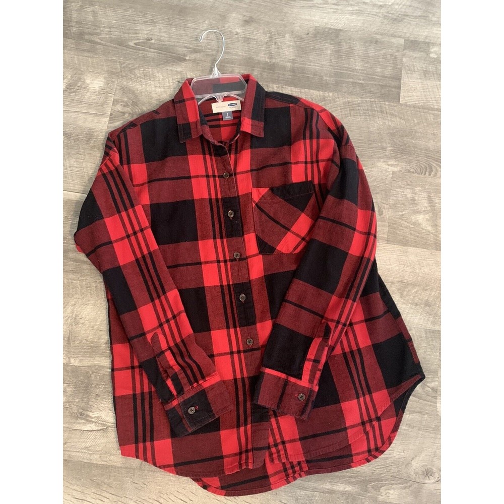 Old Navy Women's The Boyfriend Shirt Size Small Red Black Plaid - Picture 2 of 3